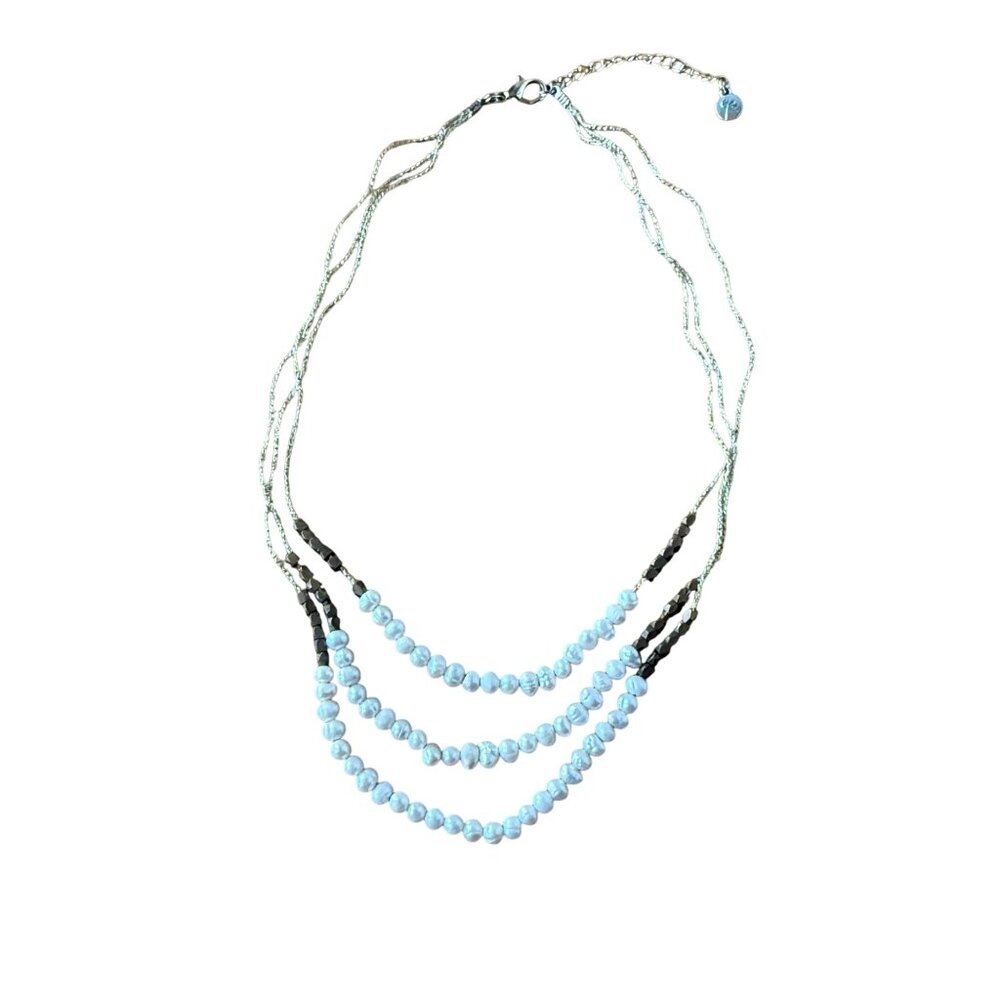 EP Triple Strand Freshwater Pearl & Brass Beaded Necklace With Adjustable Chain